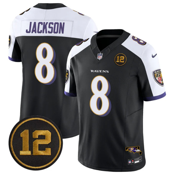 Men's Baltimore Ravens #8 Lamar Jackson Black Alternate 2025 F.U.S.E. Jacoby Jones Patch Vapor Limited Football Jersey
